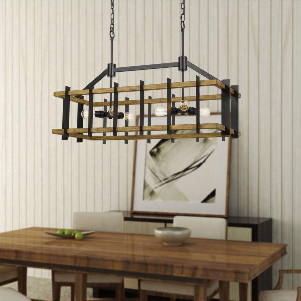 Cal Lighting Bruck 6-Light Metal and Pine Wood Island Chandelier in Iron and Light Oak