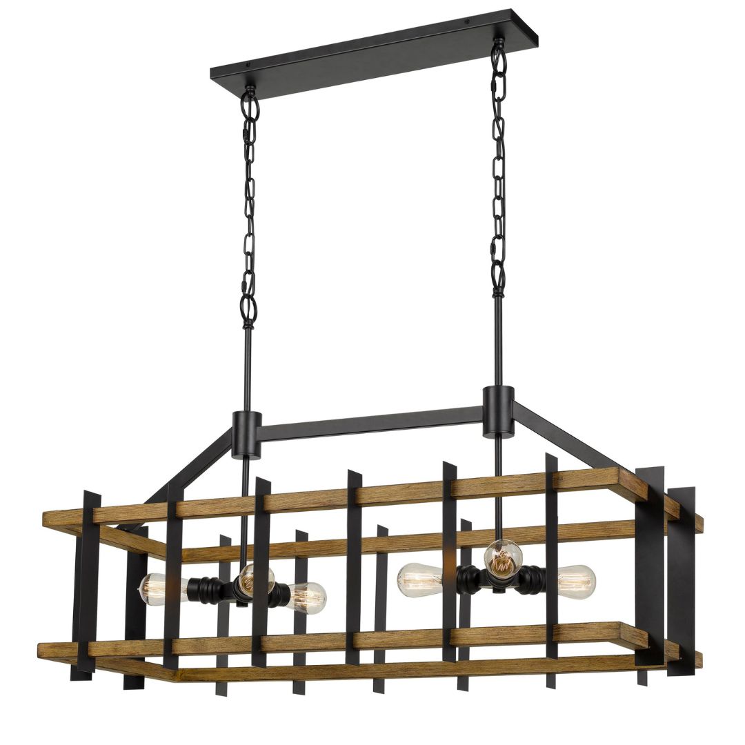 Cal Lighting Bruck 6-Light Metal and Pine Wood Island Chandelier in Iron and Light Oak