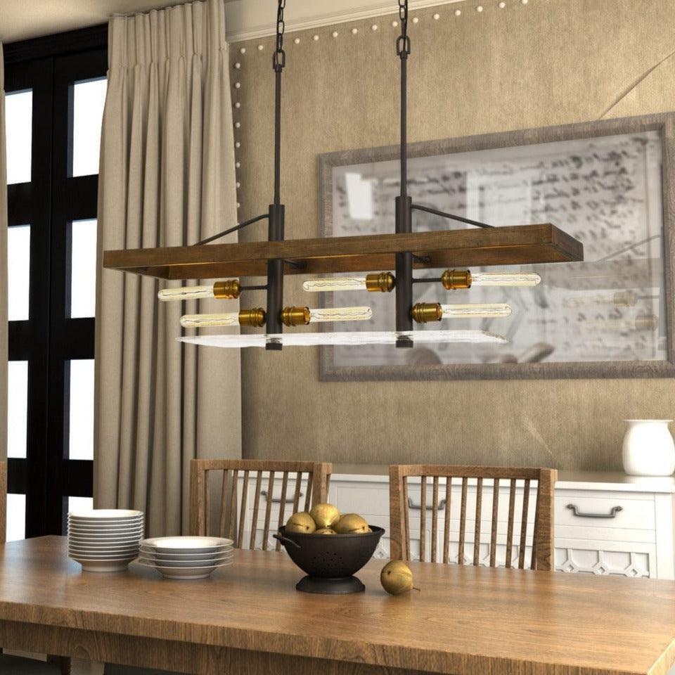 Cal Lighting Craiova 6-Light Pine Wood Island Chandelier with Glass Accent