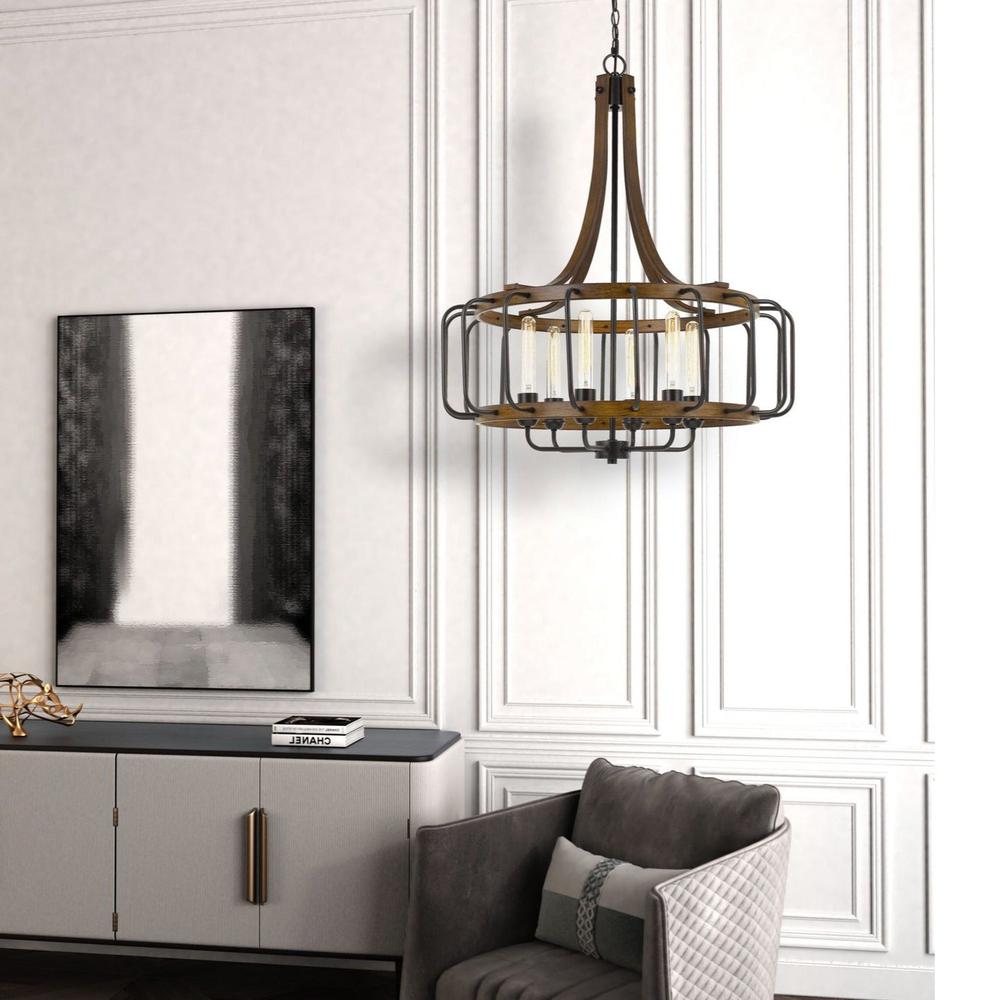 Cal Lighting Kellia 6-Light Metal Round Cage Chandelier in Iron and Dark Oak