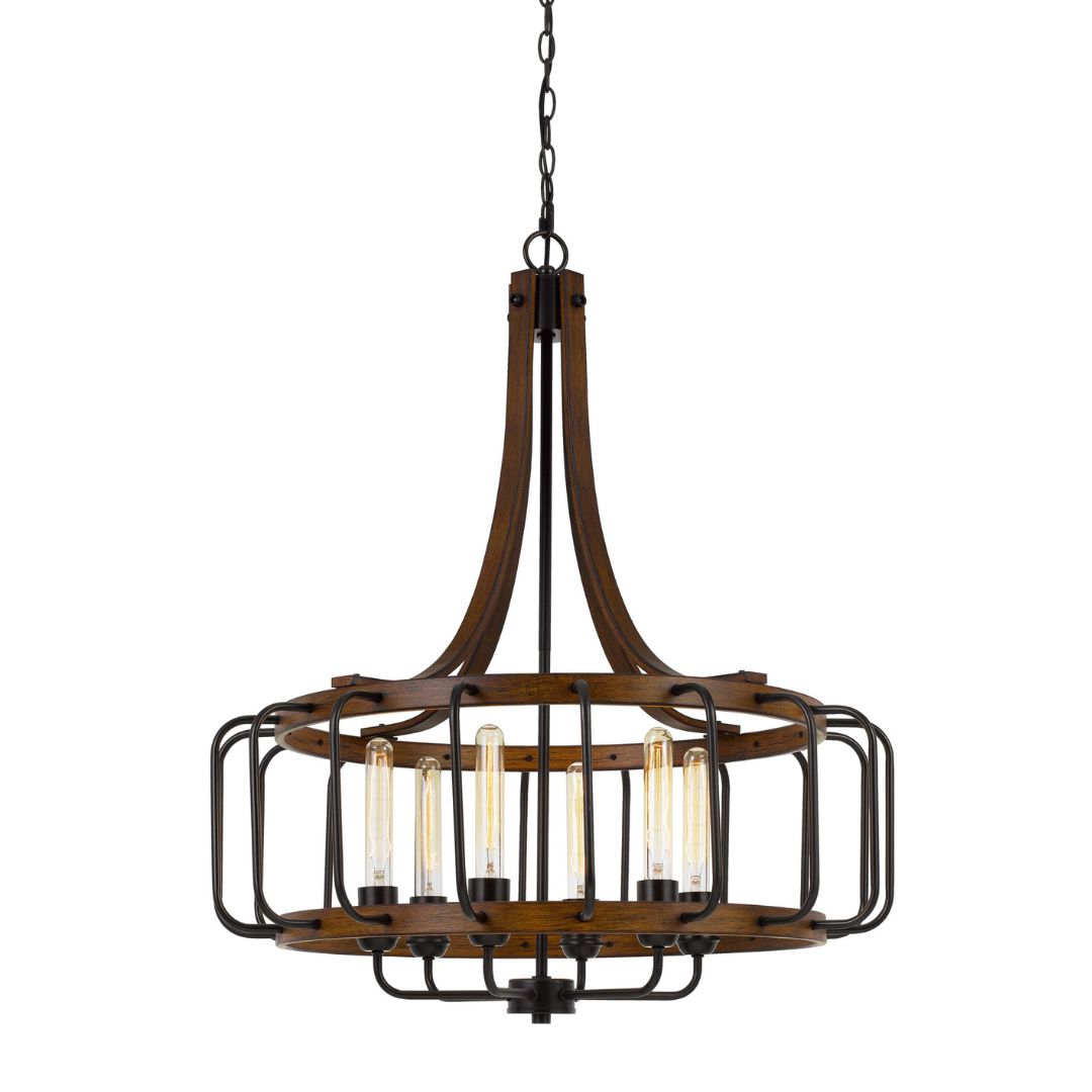 Cal Lighting Kellia 6-Light Metal Round Cage Chandelier in Iron and Dark Oak