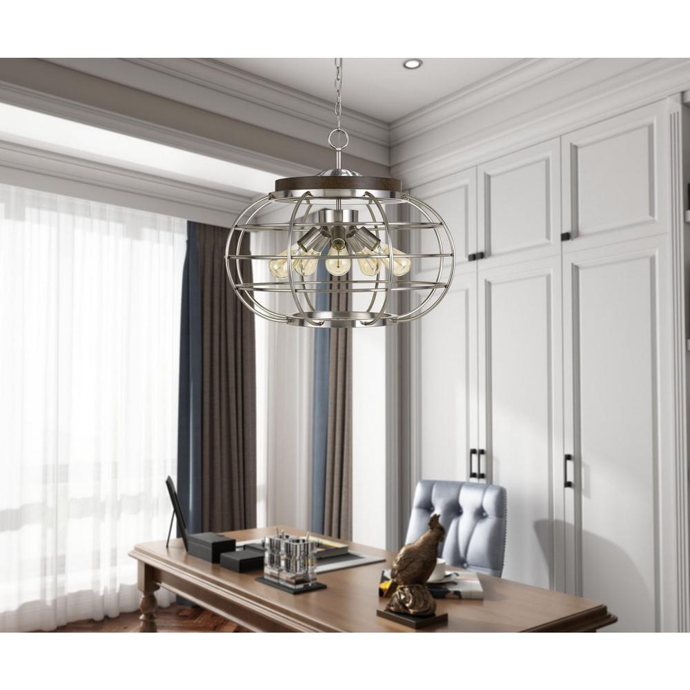 Cal Lighting Liberty 5-Light Metal Chandelier with Grill Shade in Brushed Steel and Wood