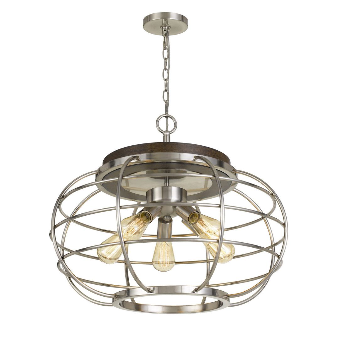 Cal Lighting Liberty 5-Light Metal Chandelier with Grill Shade in Brushed Steel and Wood