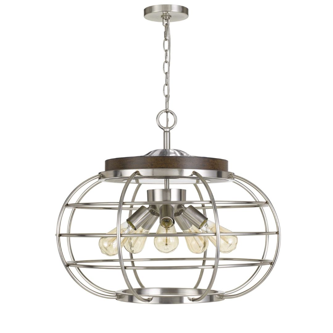 Cal Lighting Liberty 5-Light Metal Chandelier with Grill Shade in Brushed Steel and Wood