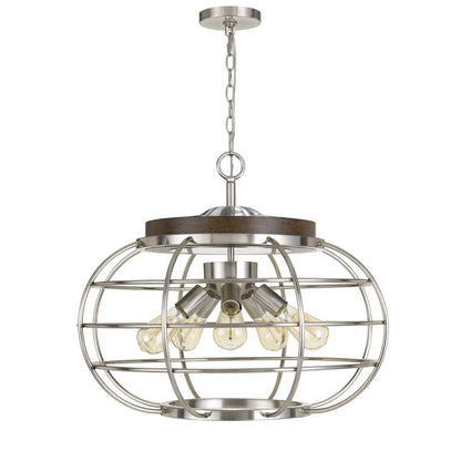 Cal Lighting Liberty 5-Light Metal Chandelier with Grill Shade in Brushed Steel and Wood