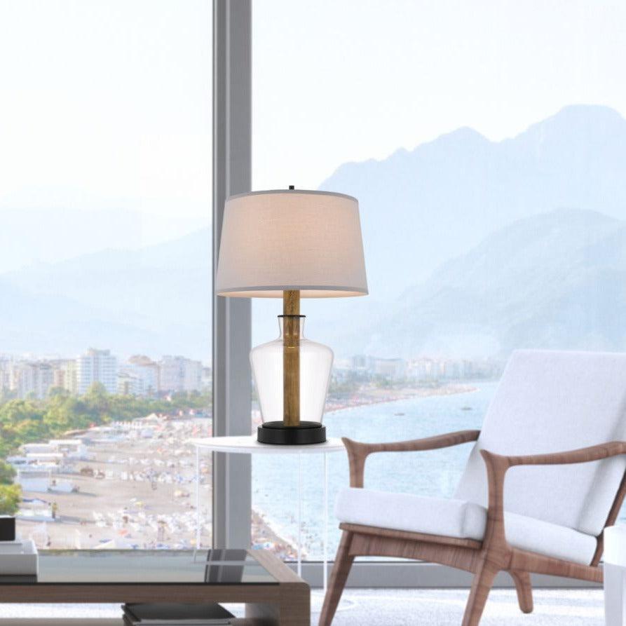 Cal Lighting Salford Glass and Wood Table Lamp with Taper Drum Hardback Shade