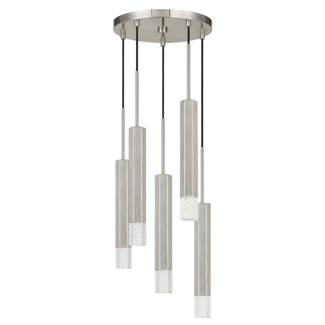 Cal Lighting Troy Integrated Led Dimmable Hexagon Aluminum Casted 5 Lights Pendant With Glass Diffuser Brushed Steel