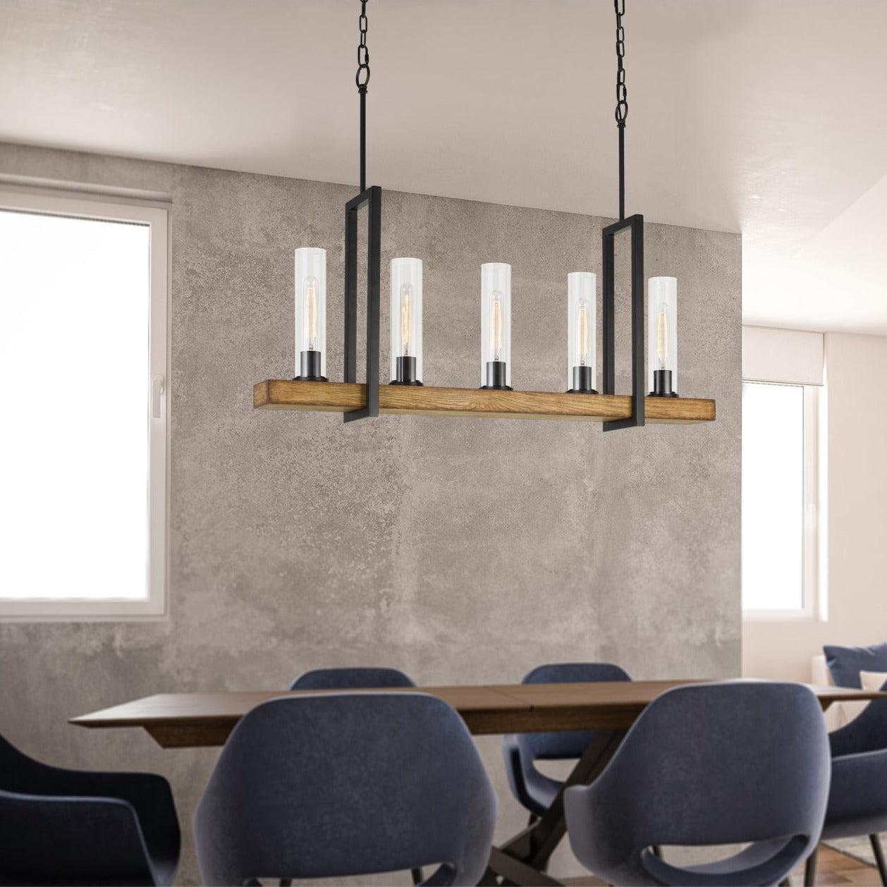Cal Lighting Vienna 5-Light Pine Wood Island Chandelier in Iron and Light Oak
