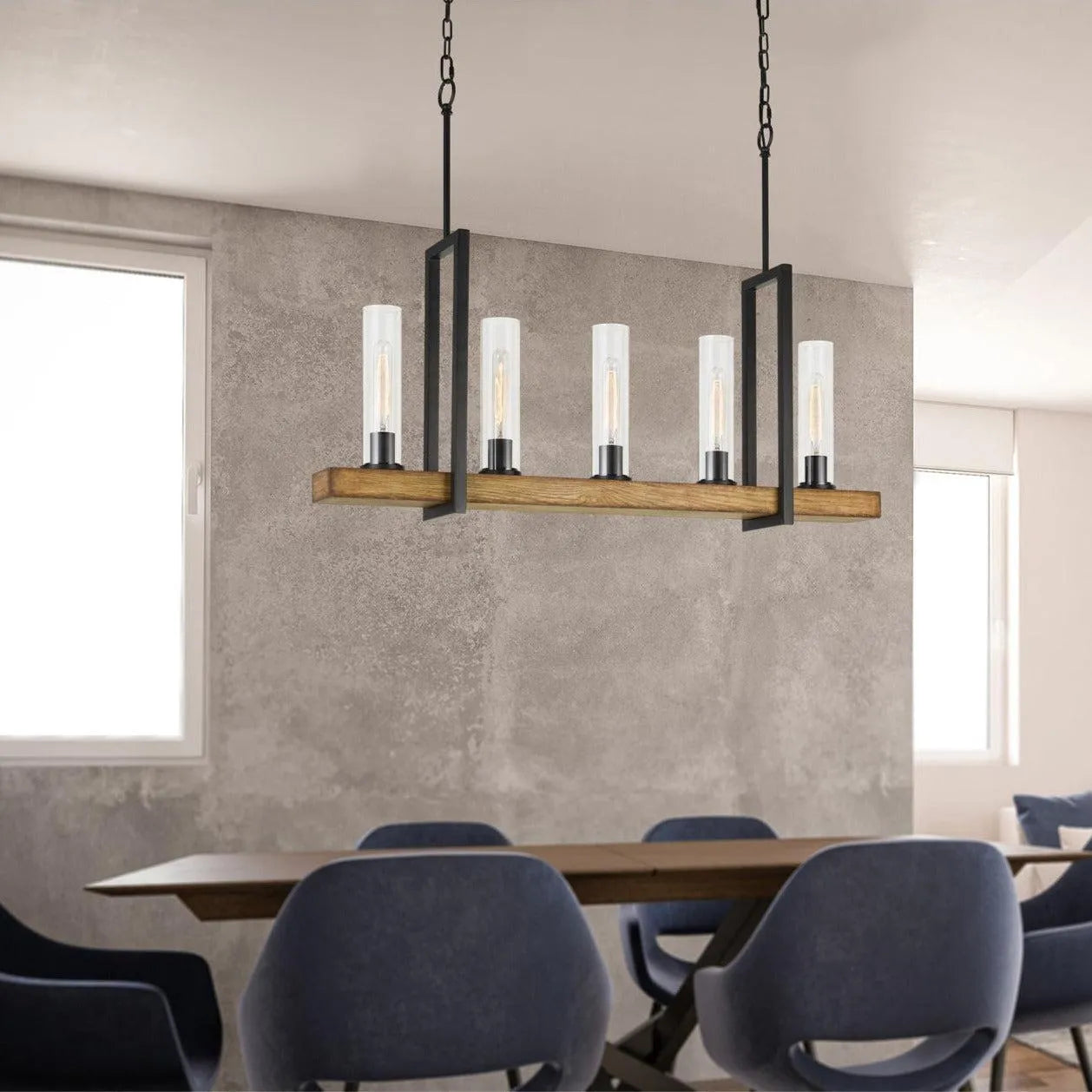 Cal Lighting Vienna 5-Light Pine Wood Island Chandelier in Iron and Light Oak