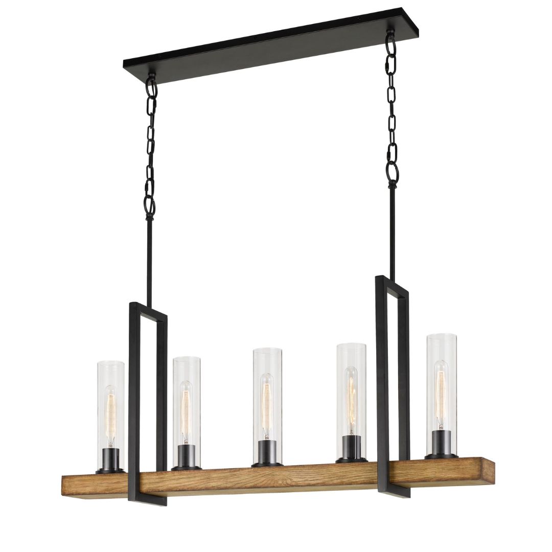 Cal Lighting Vienna 5-Light Pine Wood Island Chandelier in Iron and Light Oak
