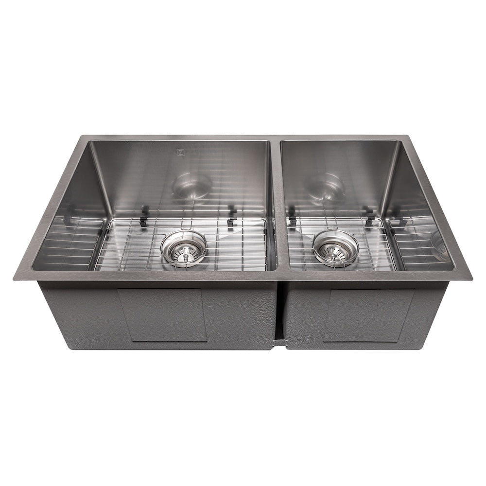 ZLINE 33 in. Chamonix Undermount Double Bowl Kitchen Sink with Bottom Grid (SR60D-33) 