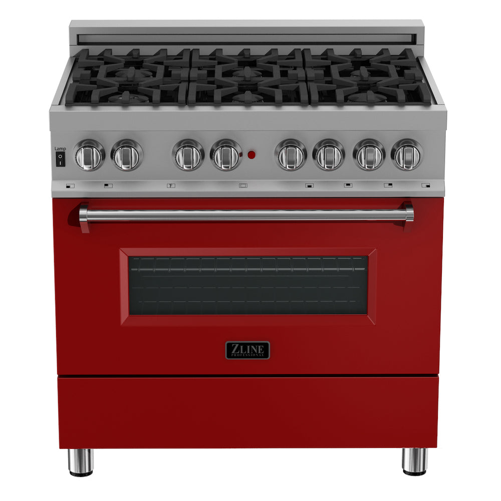 ZLINE 36 in. 4.6 cu. ft. Dual Fuel Range with Gas Stove and Electric Oven in Fingerprint Resistant Stainless Steel and Red Matte Door (RAS-RM-36) front, oven closed.