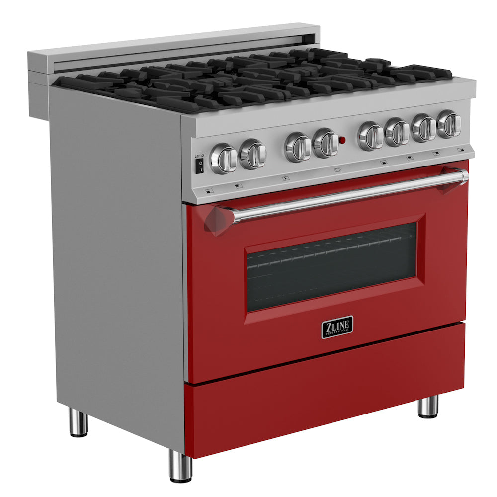 ZLINE 36 in. 4.6 cu. ft. Dual Fuel Range with Gas Stove and Electric Oven in Fingerprint Resistant Stainless Steel and Red Matte Door (RAS-RM-36) side, oven closed.
