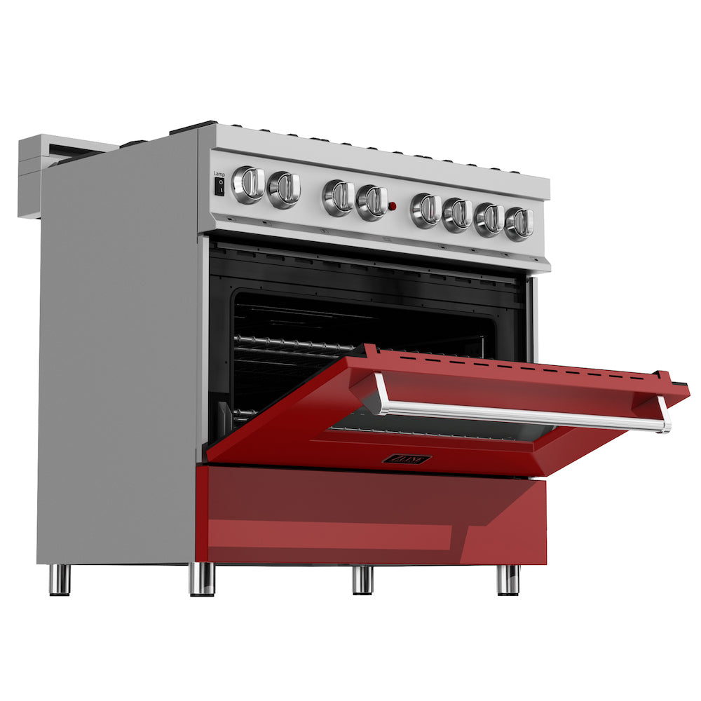 ZLINE 36 in. 4.6 cu. ft. Dual Fuel Range with Gas Stove and Electric Oven in Fingerprint Resistant Stainless Steel and Red Matte Door (RAS-RM-36) side, oven open.