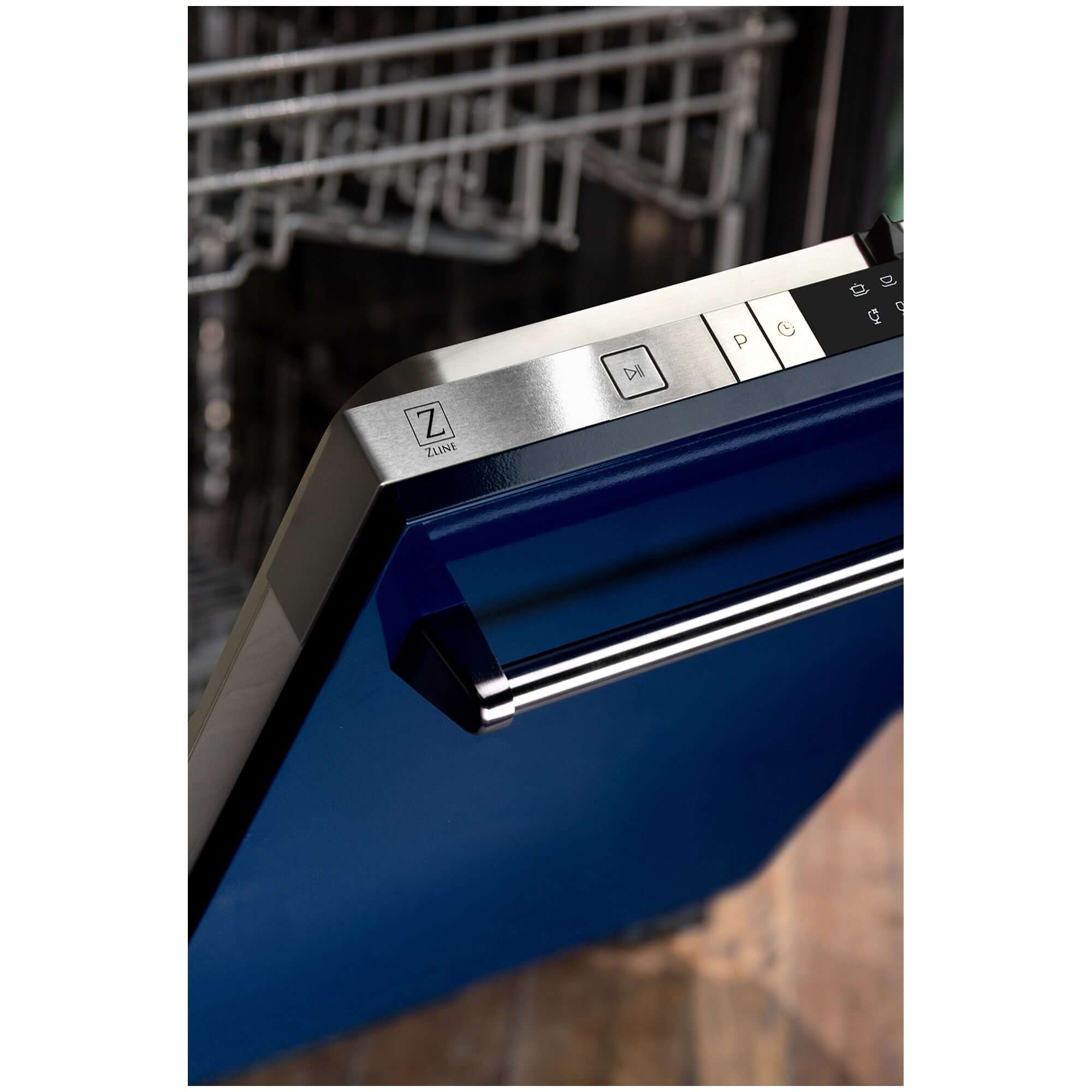 ZLINE 24 in. Blue Gloss Top Control Built-In Dishwasher with Stainless Steel Tub and Traditional Style Handle, 52dBa (DW-BG-24) built-in to cabinets in a luxury kitchen.