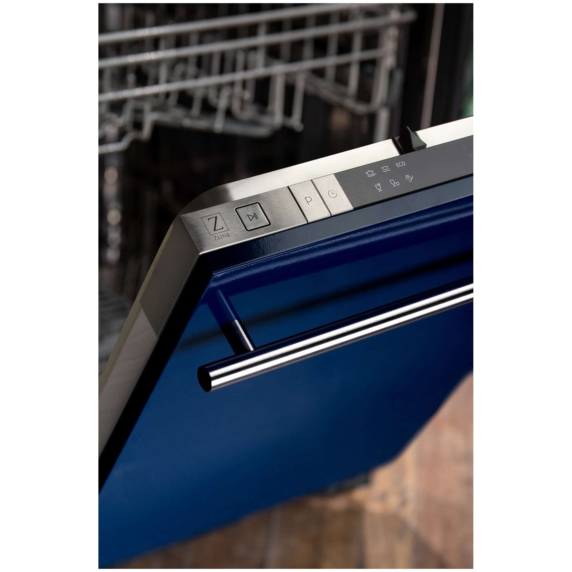 ZLINE 18 in. Compact Blue Gloss Top Control Built-In Dishwasher with Stainless Steel Tub and Modern Style Handle, 52dBa (DW-BG-H-18) built-in to cabinets in a luxury kitchen.