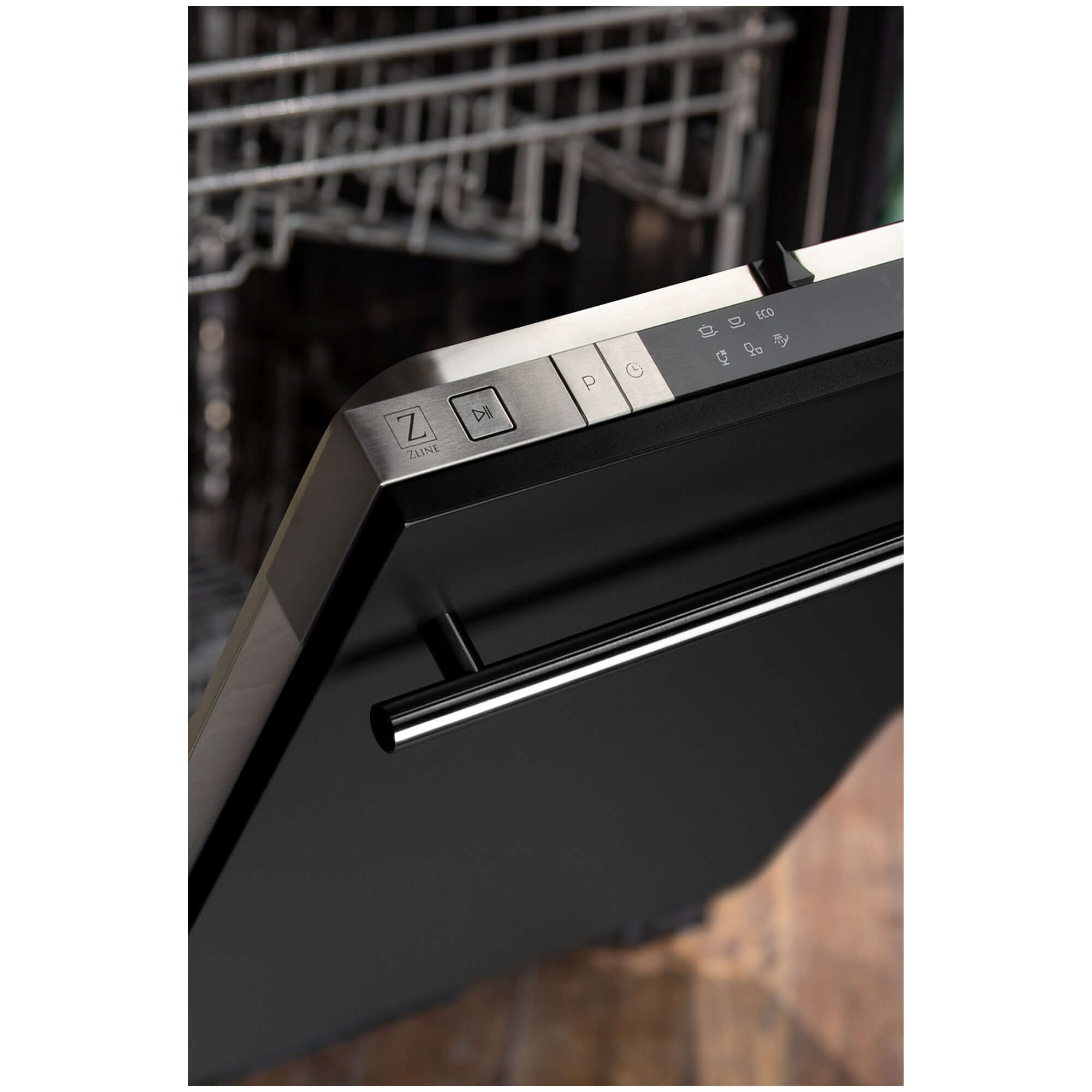 ZLINE 18 in. Compact Black Matte Top Control Built-In Dishwasher with Stainless Steel Tub and Modern Style Handle, 52dBa (DW-BLM-H-18)