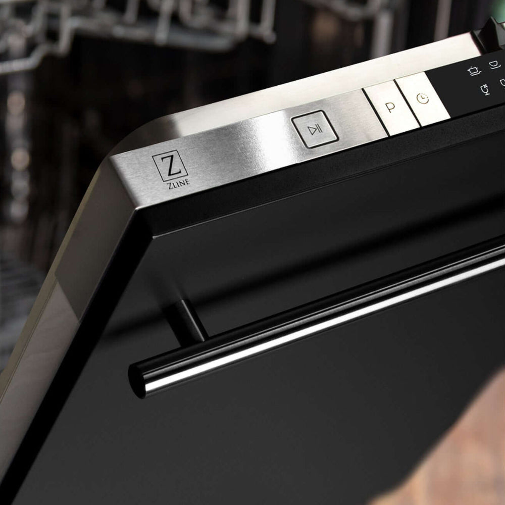ZLINE 24 in. Black Matte Top Control Built-In Dishwasher with Stainless Steel Tub and Modern Style Handle, 52dBa (DW-BLM-H-24) close-up, open.