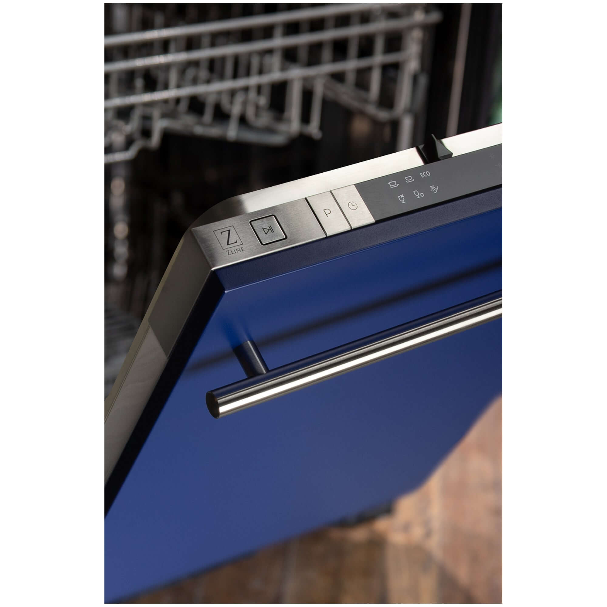 ZLINE 18 in. Compact Blue Matte Top Control Built-In Dishwasher with Stainless Steel Tub and Modern Style Handle, 52dBa (DW-BM-H-18) built-in to cabinets in a luxury kitchen.