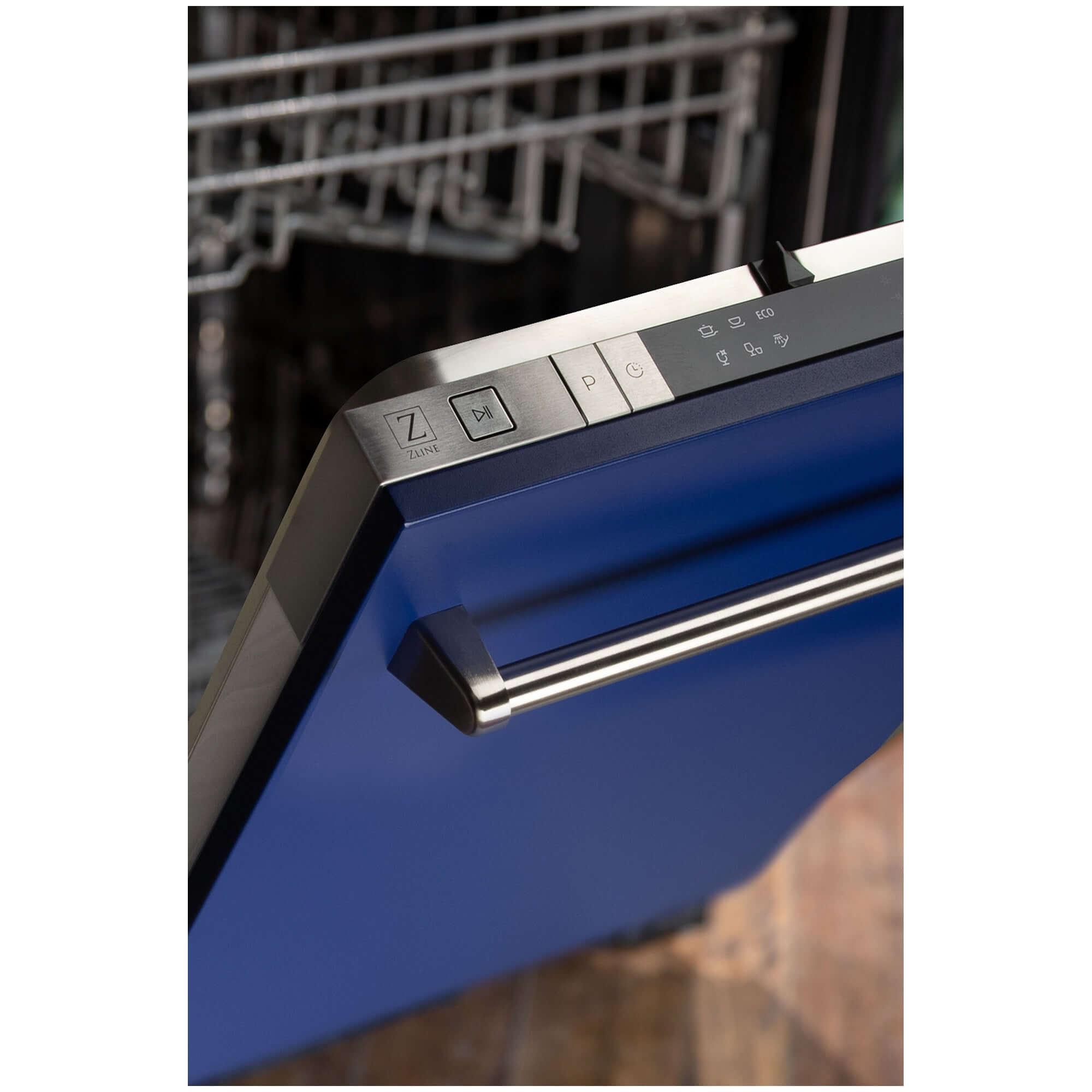 ZLINE 18 in. Compact Blue Matte Top Control Built-In Dishwasher with Stainless Steel Tub and Traditional Style Handle, 52dBa (DW-BM-18) built-in to cabinets in a luxury kitchen.