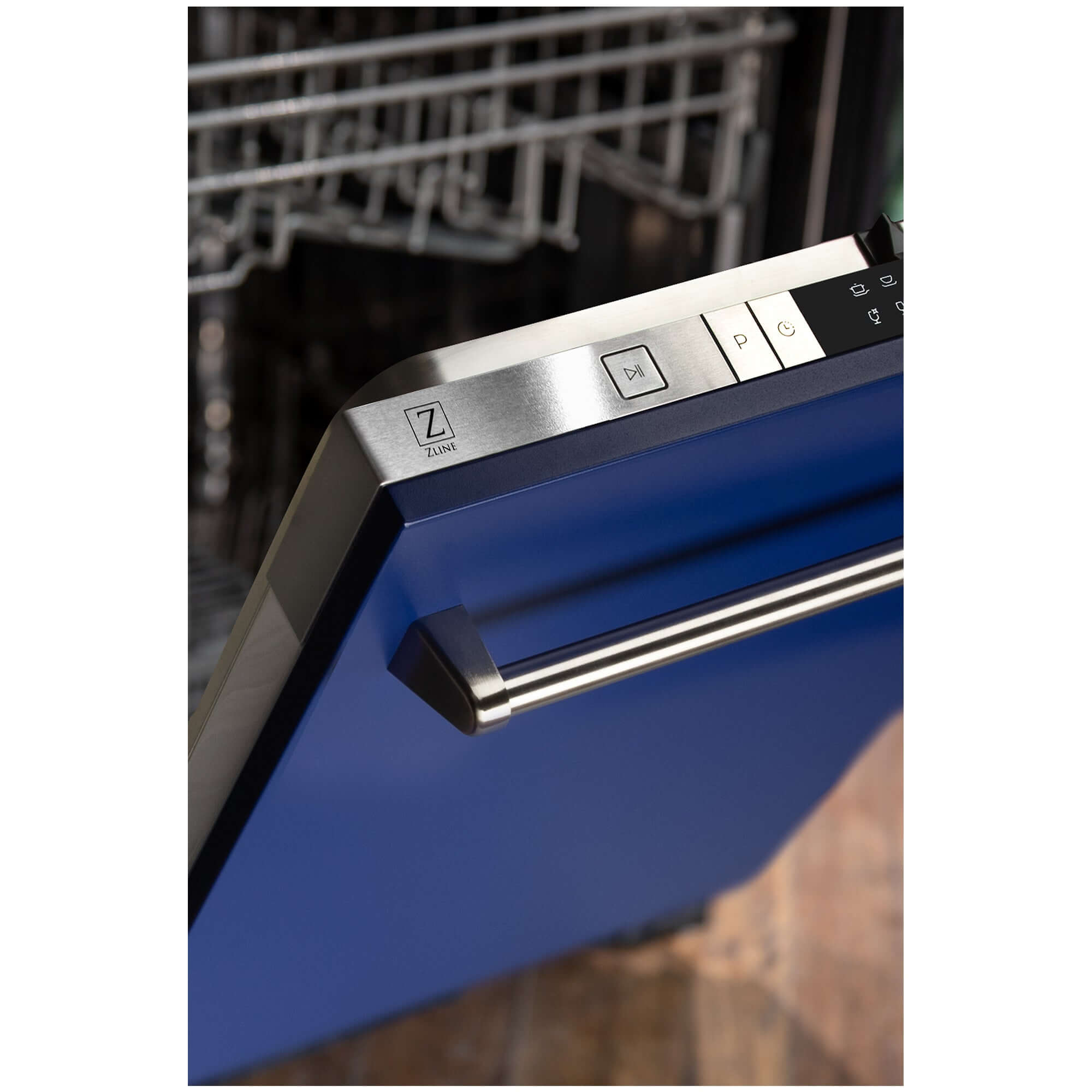 ZLINE 24 in. Blue Matte Top Control Built-In Dishwasher with Stainless Steel Tub and Traditional Style Handle, 52dBa (DW-BM-24) built-in to cabinets in a luxury kitchen.