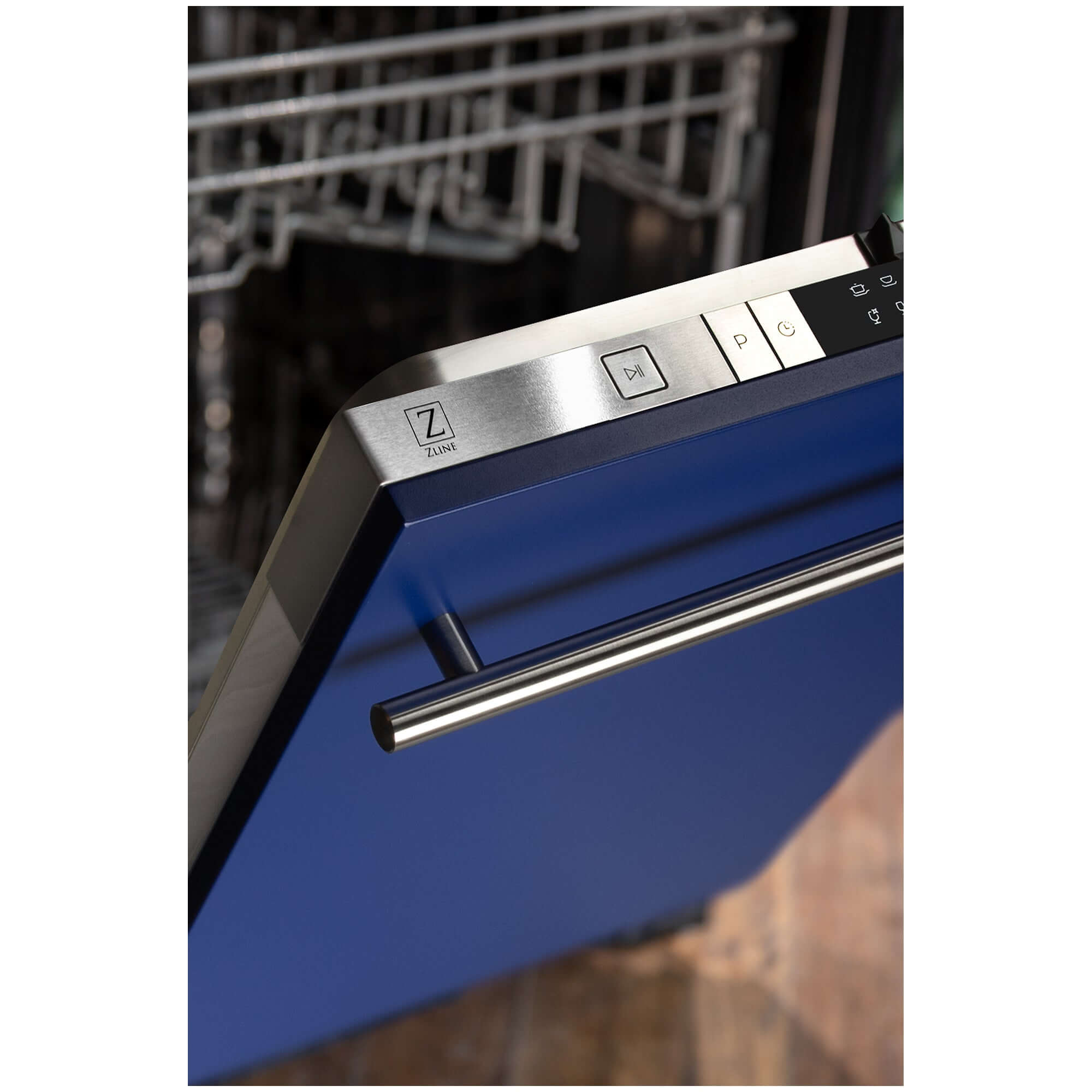 ZLINE 24 in. Blue Matte Top Control Built-In Dishwasher with Stainless Steel Tub and Modern Style Handle, 52dBa (DW-BM-H-24) built-in to cabinets in a luxury kitchen.