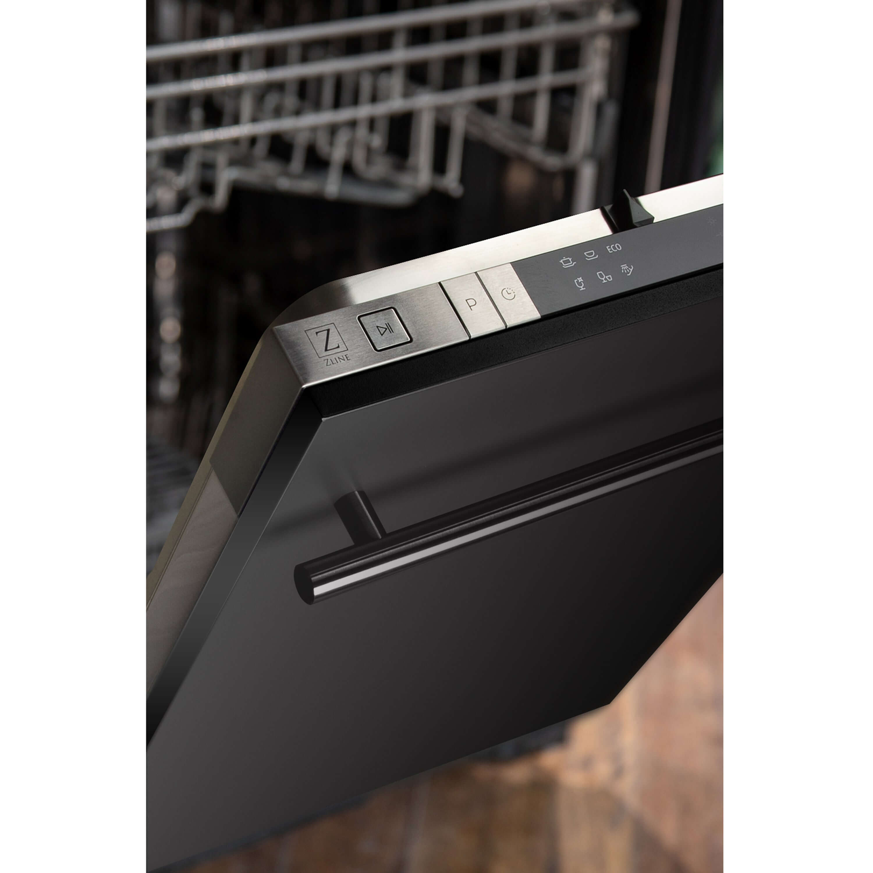 ZLINE 18 in. Compact Black Stainless Steel Top Control Built-In Dishwasher with Stainless Steel Tub and Modern Style Handle, 52dBa (DW-BS-H-18) built-in to cabinets in a luxury kitchen.