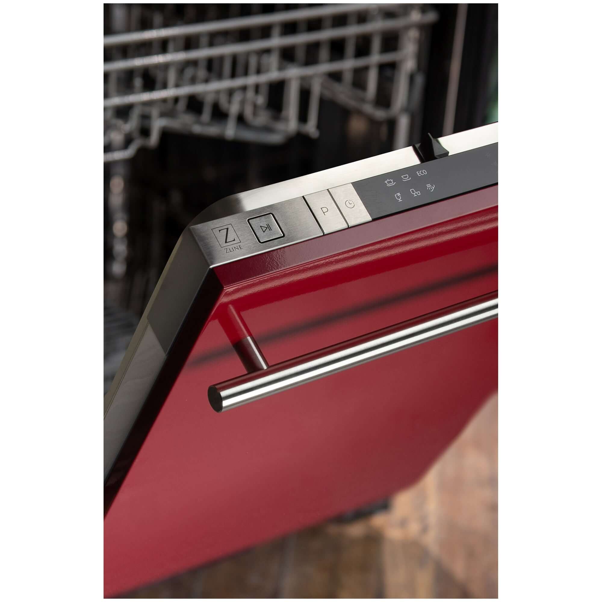 ZLINE 18 in. Compact Red Gloss Top Control Built-In Dishwasher with Stainless Steel Tub and Modern Style Handle, 52dBa (DW-RG-H-18)