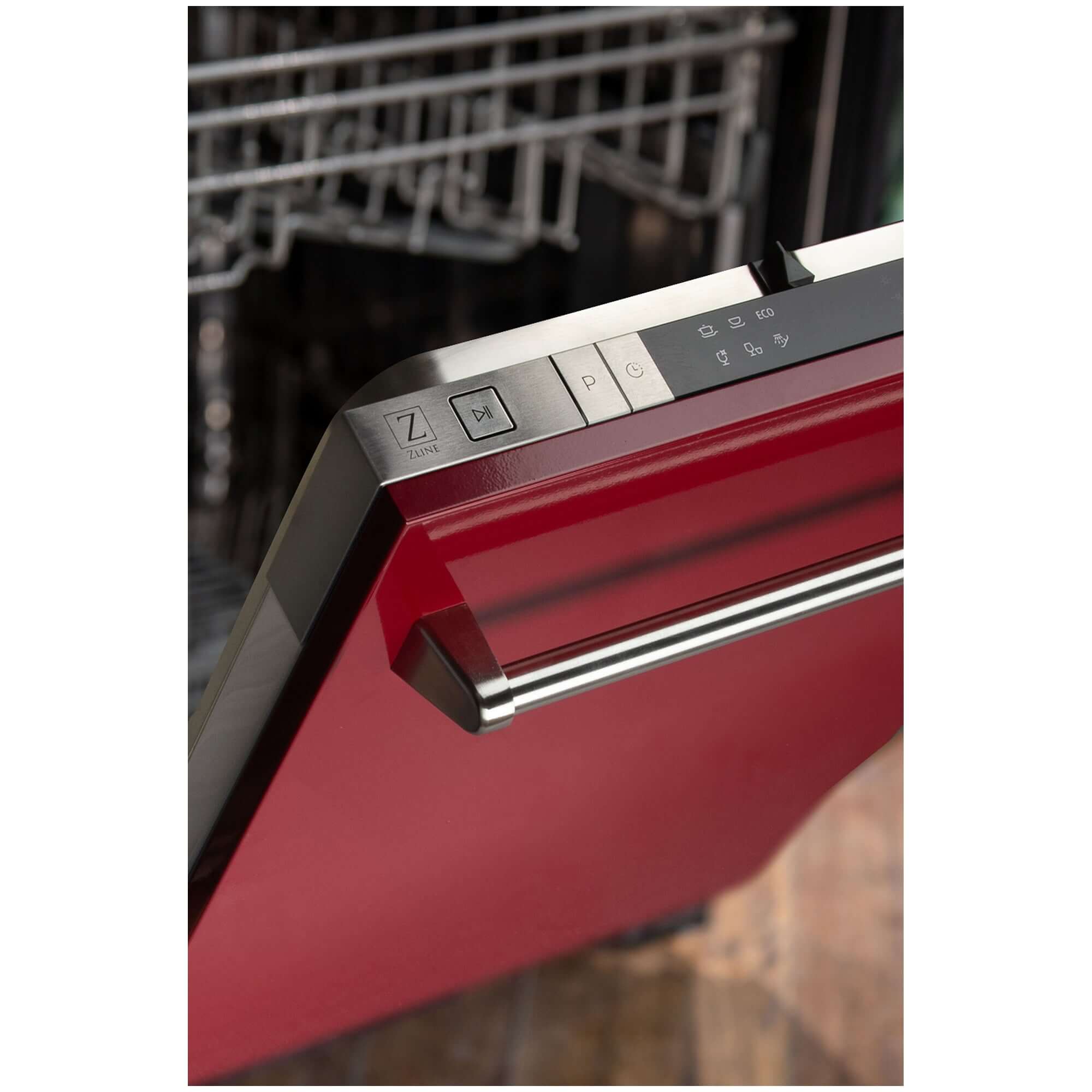 ZLINE 18 in. Compact Red Gloss Top Control Built-In Dishwasher with Stainless Steel Tub and Traditional Style Handle, 52dBa (DW-RG-18)