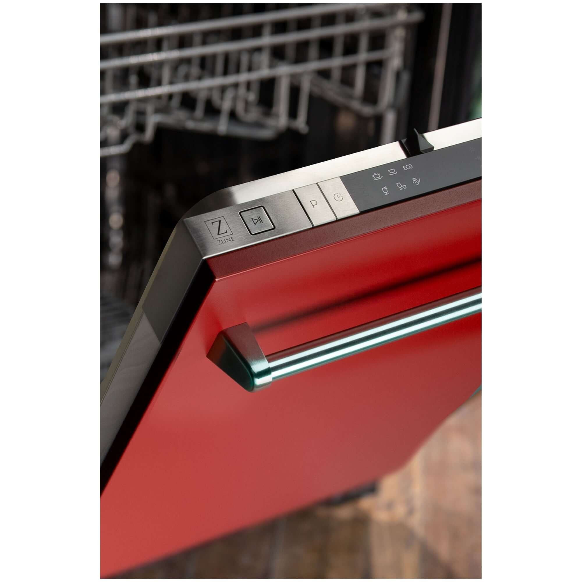 ZLINE 18 in. Compact Red Matte Top Control Built-In Dishwasher with Stainless Steel Tub and Traditional Style Handle, 52dBa (DW-RM-18) built-in to cabinets in a luxury kitchen.