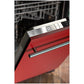ZLINE 24 in. Red Matte Top Control Built-In Dishwasher with Stainless Steel Tub and Modern Style Handle, 52dBa (DW-RM-H-24) built-in to cabinets in a luxury kitchen.