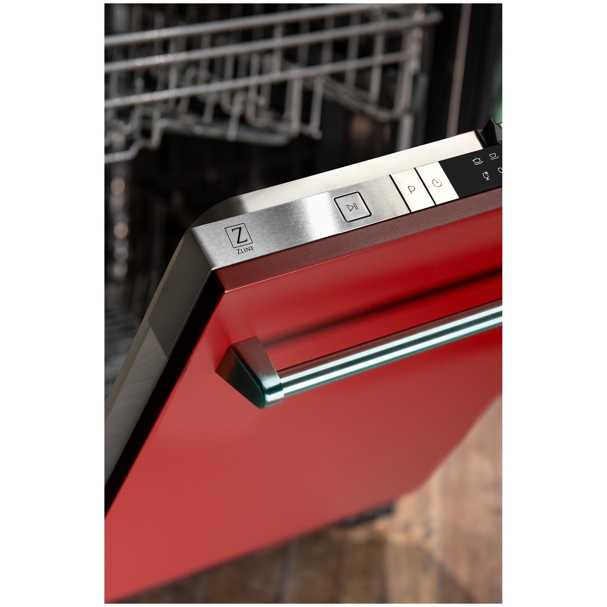 ZLINE 24 in. Red Matte Top Control Built-In Dishwasher with Stainless Steel Tub and Traditional Style Handle, 52dBa (DW-RM-24) built-in to cabinets in a luxury kitchen.