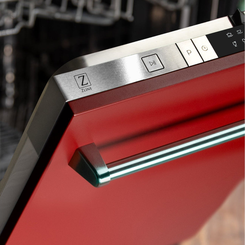 ZLINE 24 in. Red Matte Top Control Built-In Dishwasher with Stainless Steel Tub and Traditional Style Handle, 52dBa (DW-RM-24) close-up, top controls.