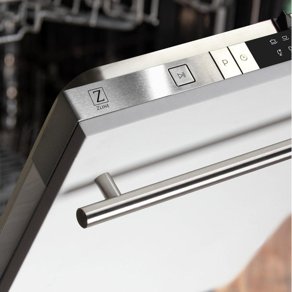 ZLINE 24 in. White Matte Top Control Built-In Dishwasher with Stainless Steel Tub and Modern Style Handle, 52dBa (DW-WM-H-24) close-up, open.