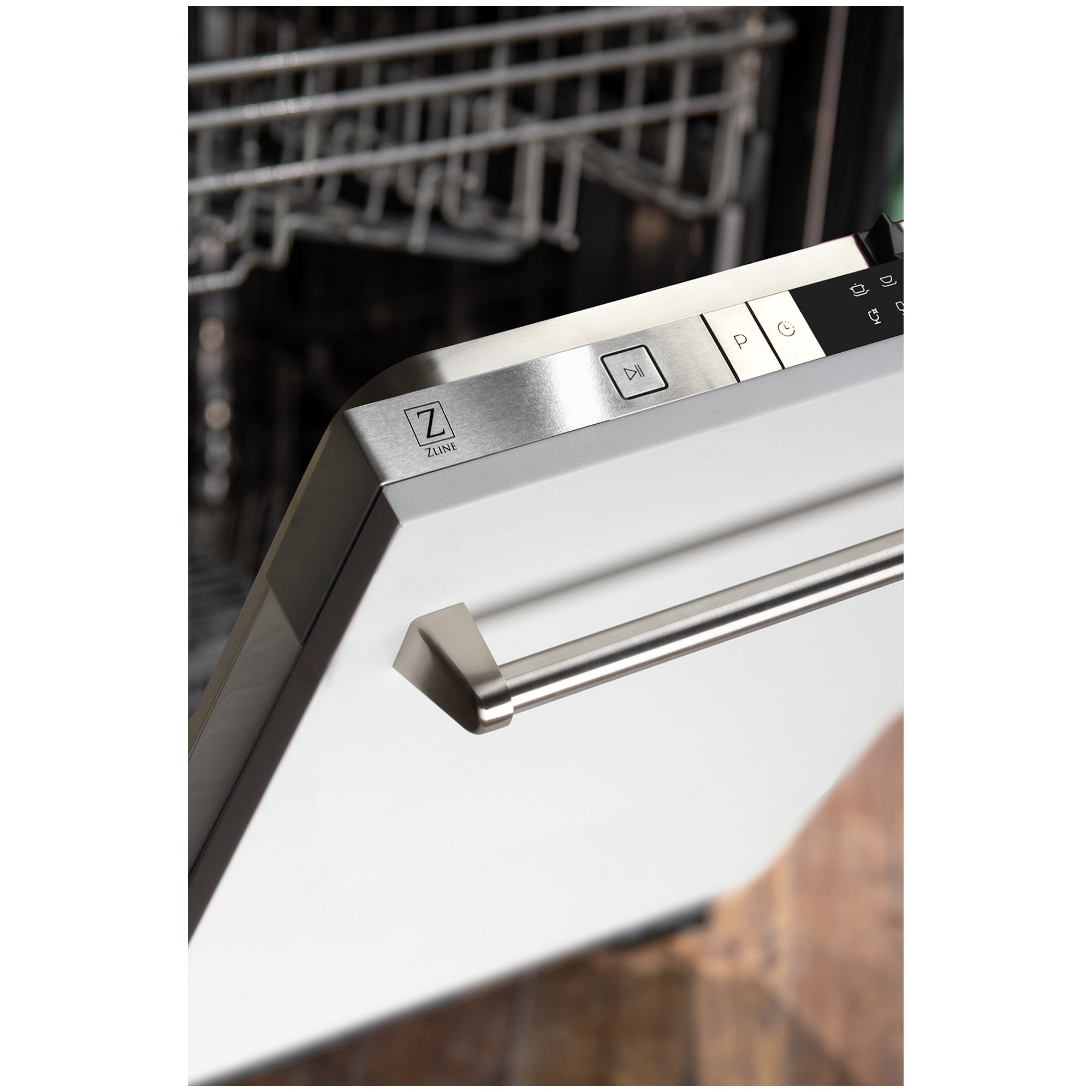 ZLINE 24 in. White Matte Top Control Built-In Dishwasher with Stainless Steel Tub and Traditional Style Handle, 52dBa (DW-WM-24)