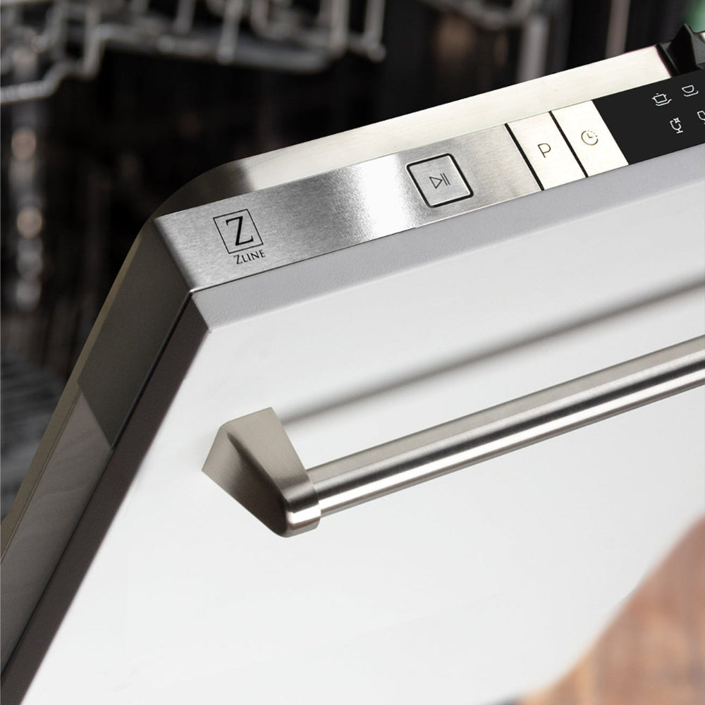 ZLINE 24 in. White Matte Top Control Built-In Dishwasher with Stainless Steel Tub and Traditional Style Handle, 52dBa (DW-WM-24) close-up, controls.
