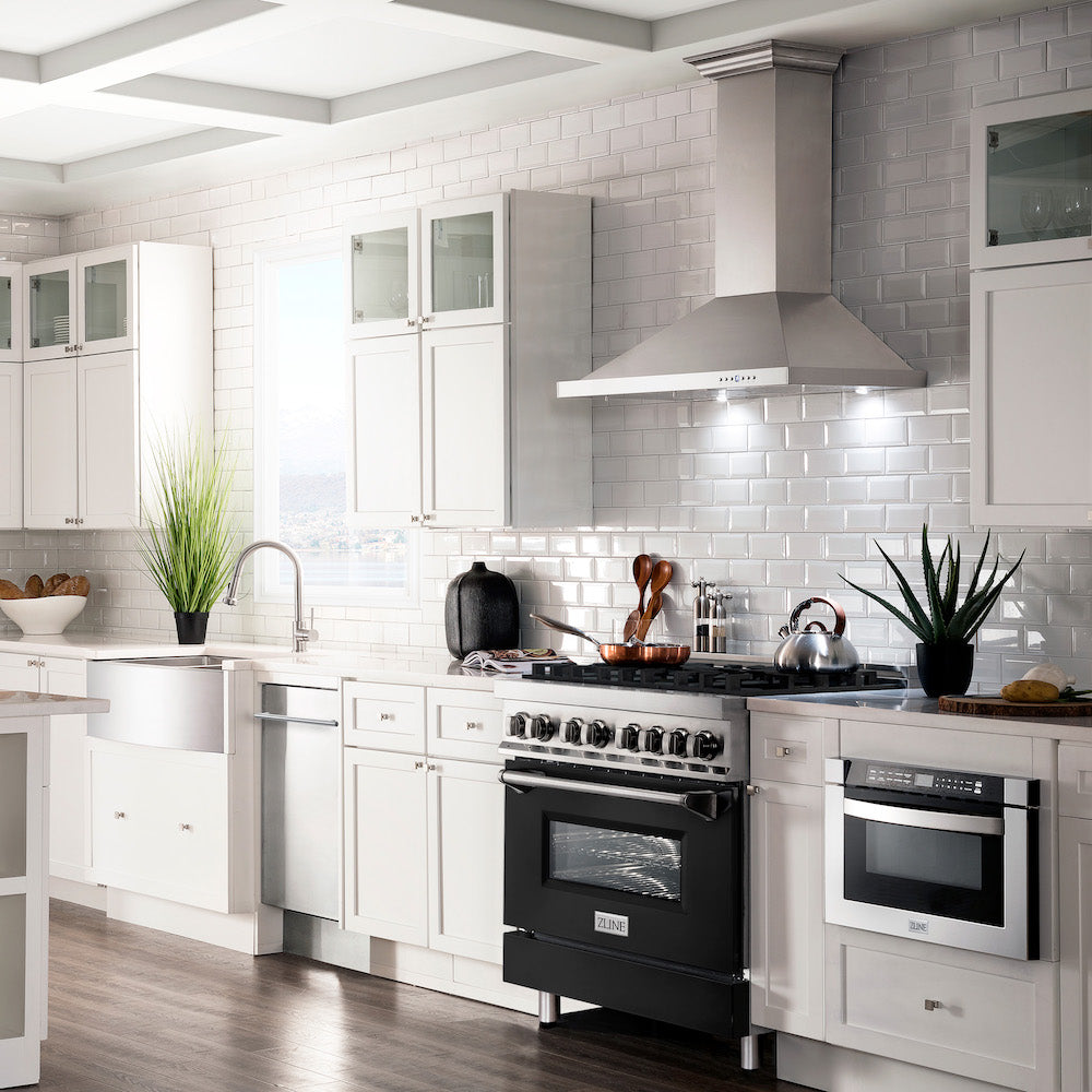 ZLINE 36 in. 4.6 cu. ft. Legacy Dual Fuel Range with 6 Burner Gas Cooktop and Electric Convection Oven in Stainless Steel and Black Matte Door (RA-BLM-36) in a luxury kitchen.