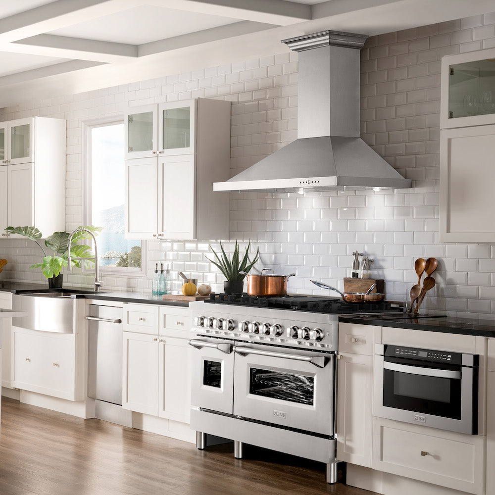 ZLINE 48 in. Professional Dual Fuel Range in Stainless Steel (RA48) in a luxury cottage-style kitchen from side.
