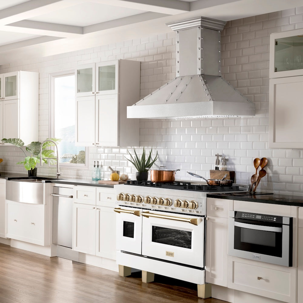 ZLINE Autograph Edition 48 in. 6.0 cu. ft. Legacy Dual Fuel Range with 7 Burner Gas Cooktop and 2 Electric Ovens in Satin Stainless Steel with White Matte Doors and Polished Gold Accents, Open Box-Good Condition