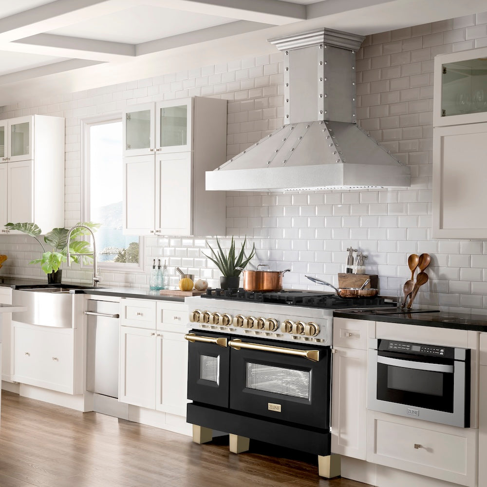 ZLINE Autograph Edition 48 in. 6.0 cu. ft. Legacy Dual Fuel Range with 7 Burner Gas Cooktop and 2 Electric Ovens in Stainless Steel with Black Matte Doors and Polished Gold Accents, Open Box-Good Condition