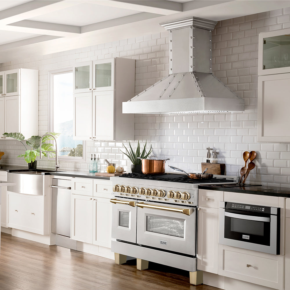 ZLINE Autograph Edition 48 in. 6.0 cu. ft. Legacy Dual Fuel Range with 7 Burner Gas Cooktop and 2 Electric Ovens in Stainless Steel and Polished Gold Accents, Open Box-Good Condition