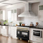 ZLINE Autograph Edition 48 in. 6.0 cu. ft. Legacy Dual Fuel Range with 7 Burner Gas Cooktop and 2 Electric Ovens in Stainless Steel with Black Matte Doors and Champagne Bronze Accents (RAZ-BLM-48-CB) in a luxury kitchen with matching appliances.