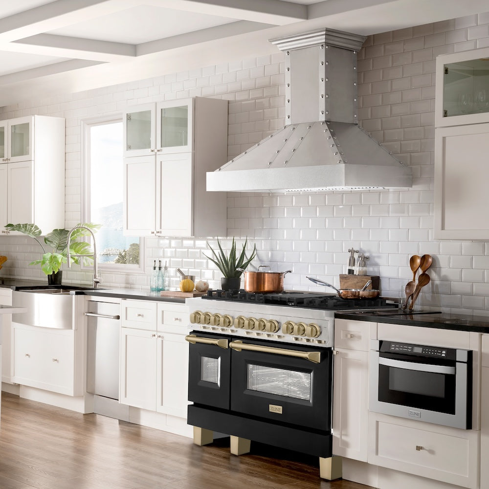 ZLINE Autograph Edition 48 in. 6.0 cu. ft. Legacy Dual Fuel Range with 7 Burner Gas Cooktop and 2 Electric Ovens in Stainless Steel with Black Matte Doors and Champagne Bronze Accents, Open Box-Good Condition
