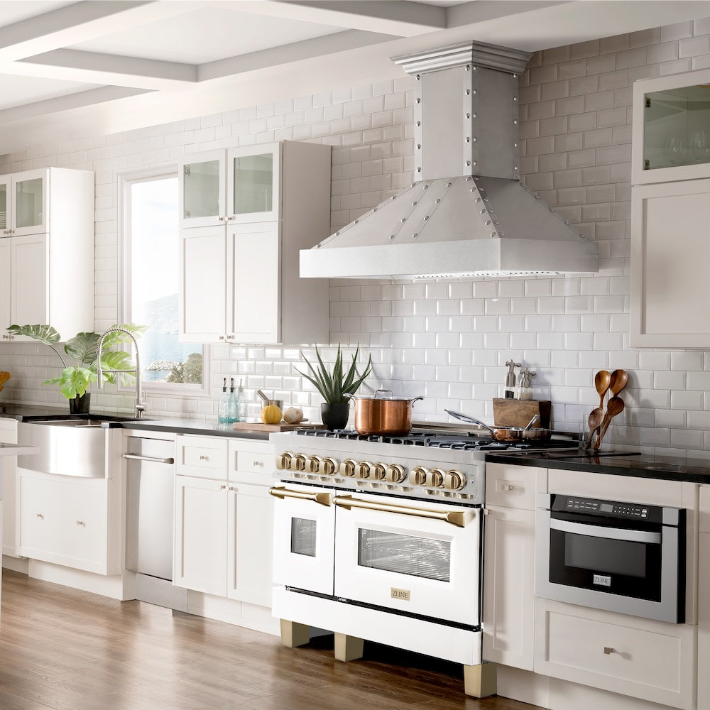 ZLINE Autograph Edition 48 in. 6.0 cu. ft. Legacy Dual Fuel Range with 7 Burner Gas Cooktop and 2 Electric Ovens in Stainless Steel with White Matte Doors and Polished Gold Accents, Open Box-Good Condition
