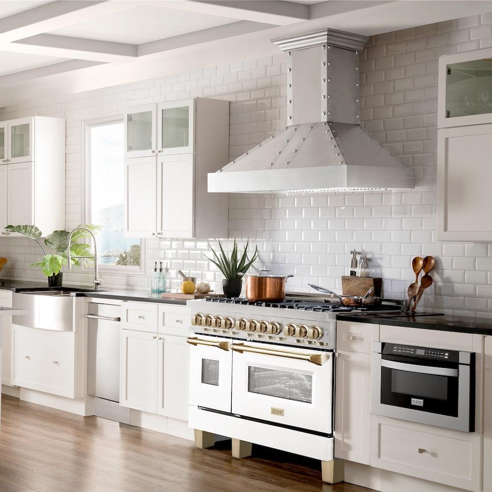 ZLINE Autograph Edition 48 in. 6.0 cu. ft. Legacy Dual Fuel Range with 7 Burner Gas Cooktop and 2 Electric Ovens in Stainless Steel with White Matte Doors and Polished Gold Accents (RAZ-WM-48-G) in a luxury kitchen with matching appliances.