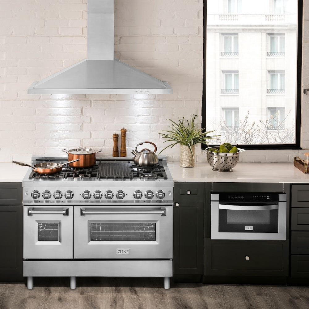 ZLINE 48 in. Kitchen Package with Stainless Steel Dual Fuel Range, Convertible Vent Range Hood and Microwave Drawer (3KP-RARH48-MW)