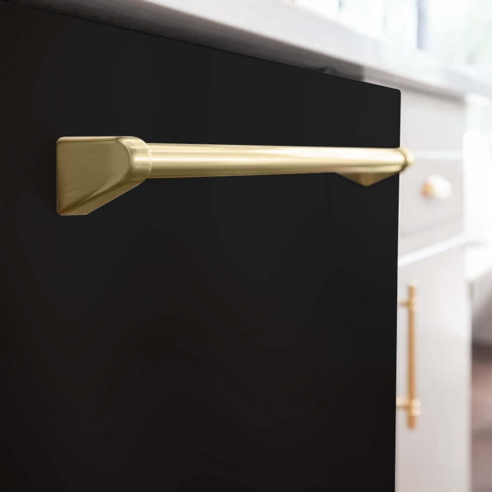 ZLINE Autograph Edition 24 in. Monument Tall Tub Dishwasher in Black Matte with Champagne Bronze Handle (DWMTZ-BLM-24-CB) in a cottage-style kitchen close-up of handle.