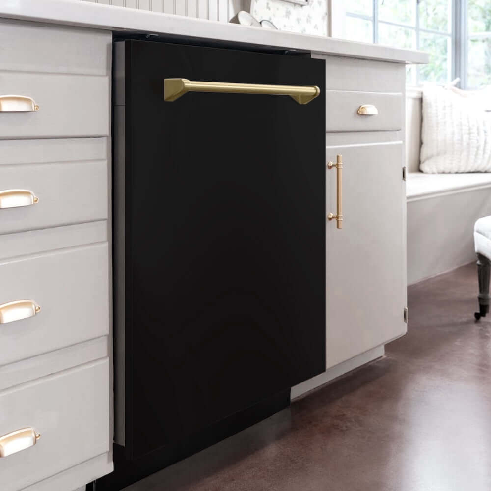 ZLINE Autograph Edition 24 in. Monument Tall Tub Dishwasher in Black Matte with Champagne Bronze Handle (DWMTZ-BLM-24-CB) in a cottage-style kitchen.
