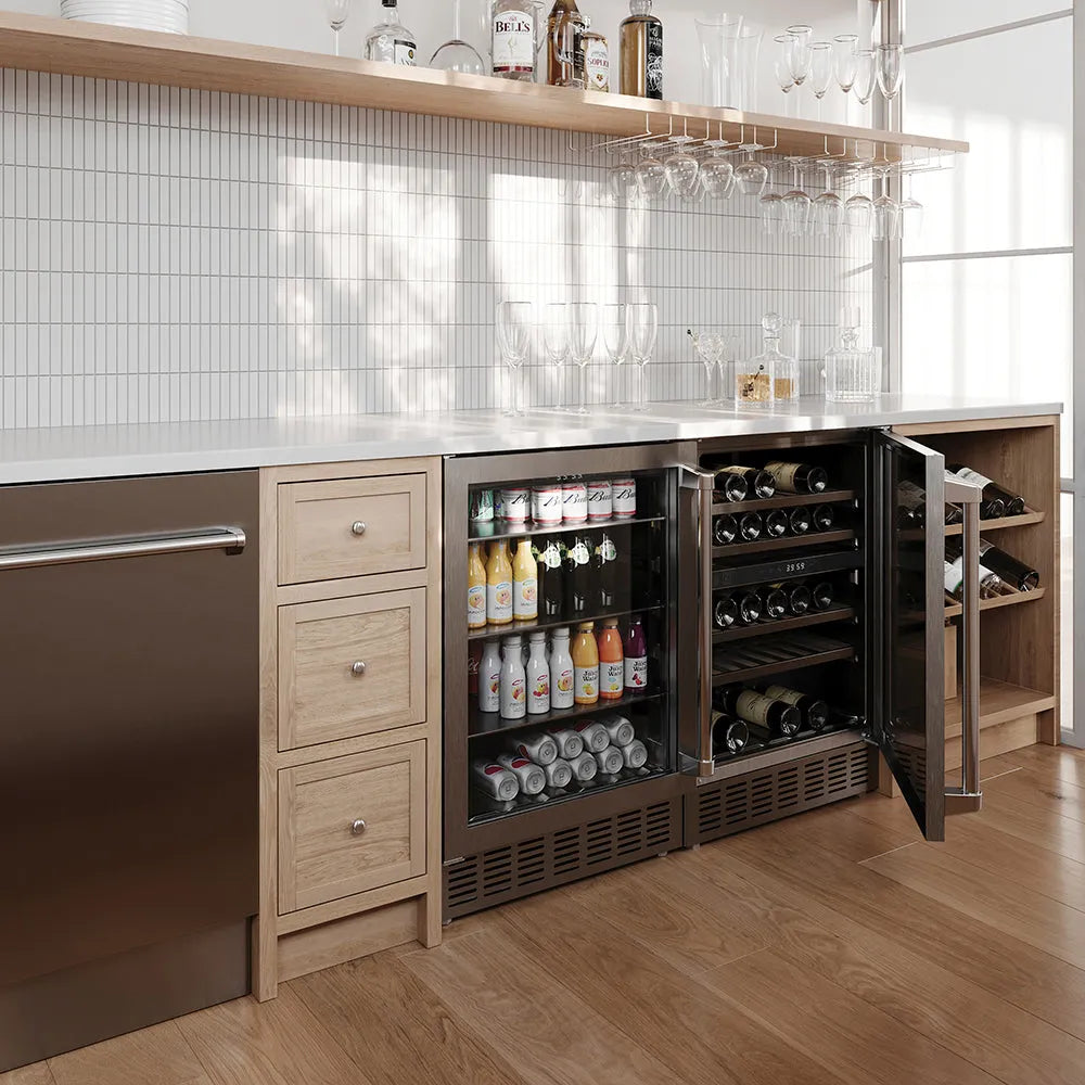 Custom butler's pantry kitchen with a built-in ZLINE 24 in. Monument 154 Can Beverage Fridge in Stainless Steel (RBV-US-24) and an open cabinet displaying drinks.