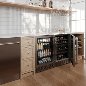 Custom butler's pantry kitchen with a built-in ZLINE 24 in. Monument 154 Can Beverage Fridge in Stainless Steel (RBV-US-24) and an open cabinet displaying drinks.